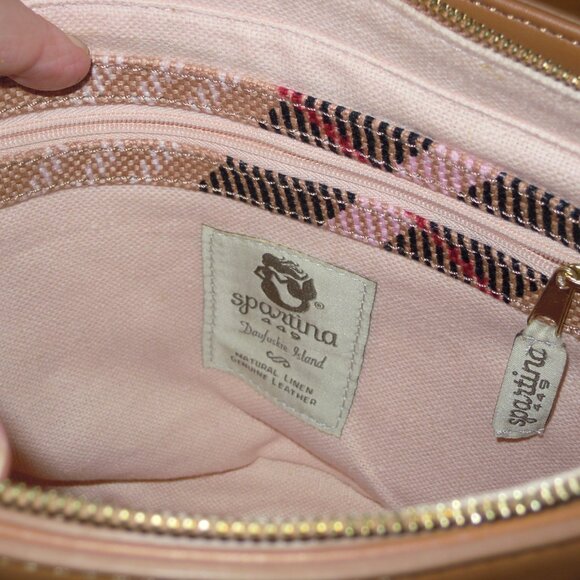 Spartina Pink & Black Plaid check Shoulder Hand Bag Purse Leather Linen NWT USA - Picture 4 of 12
